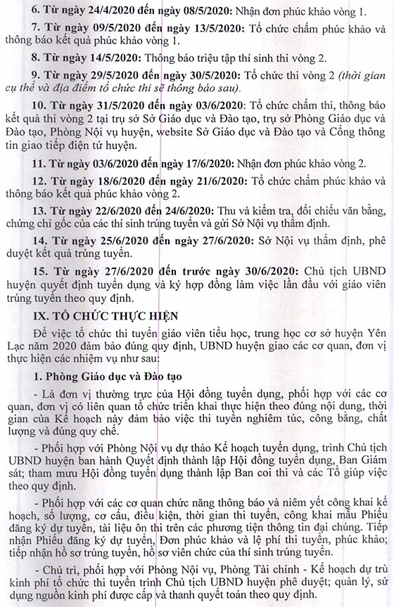 UBND huyện Yên Lạc, Vĩnh Phúc tuyển dụng giáo viên năm 2020