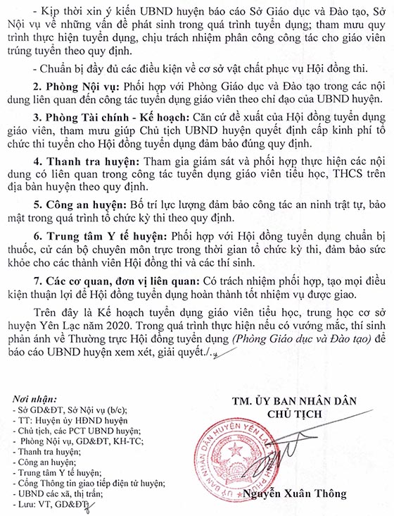 UBND huyện Yên Lạc, Vĩnh Phúc tuyển dụng giáo viên năm 2020