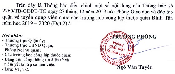 UBND quận Bình Tân, TP. HCM điều chỉnh một số nội dung về tuyển dụng viên chức giáo dục năm học 2019-2020 (Đợt 2)