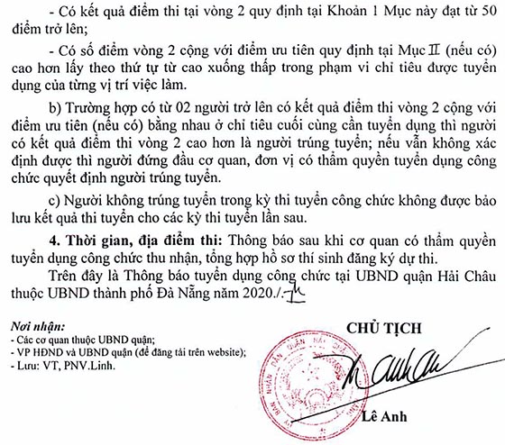 UBND quận Hải Châu, TP. Đà Nẵng tuyển dụng công chức năm 2020