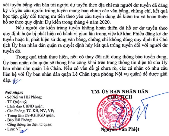 UBND quận Lê Chân, TP. Hải Phòng tuyển dụng viên chức năm 2020