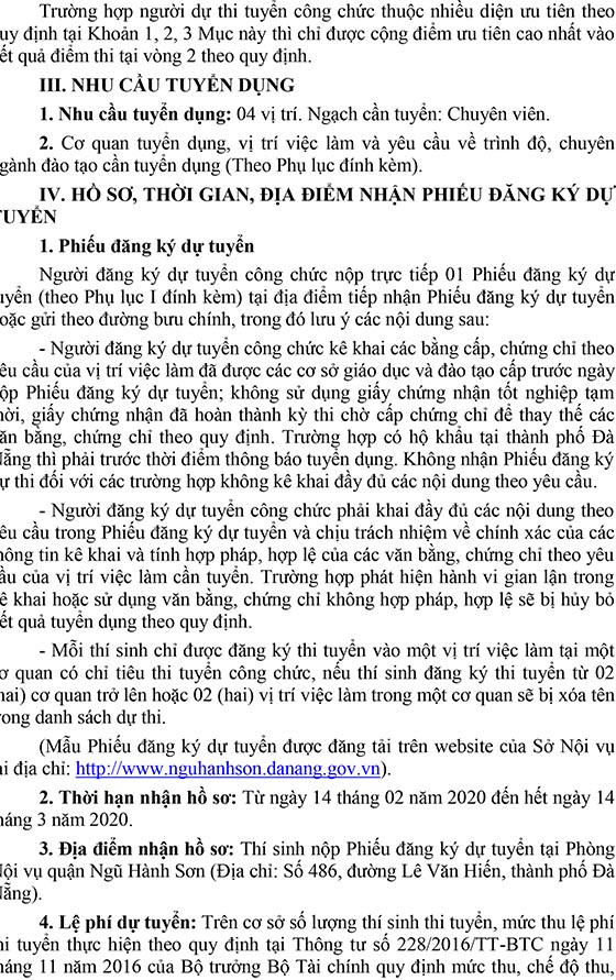 UBND quận Ngũ Hành Sơn, TP. Đà Nẵng tuyển dụng công chức năm 2020