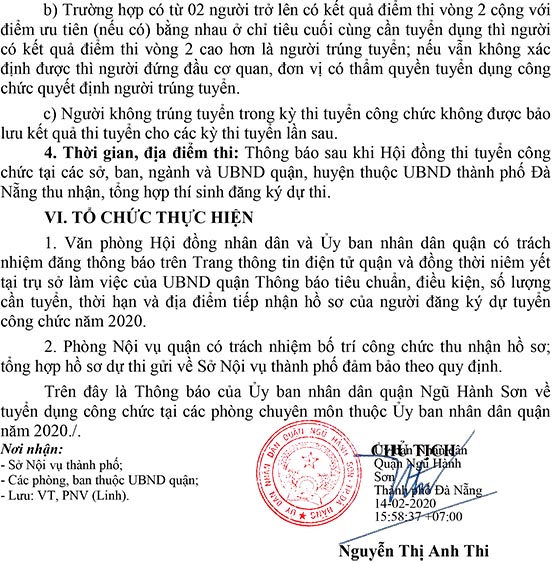 UBND quận Ngũ Hành Sơn, TP. Đà Nẵng tuyển dụng công chức năm 2020