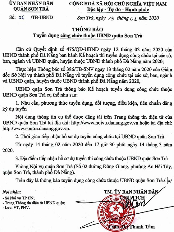 UBND quận Sơn Trà, TP. Đà Nẵng tuyển dụng công chức năm 2020