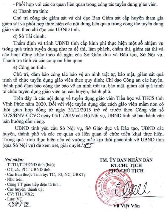 UBND tỉnh Vĩnh Phúc tuyển dụng giáo viên năm 2020