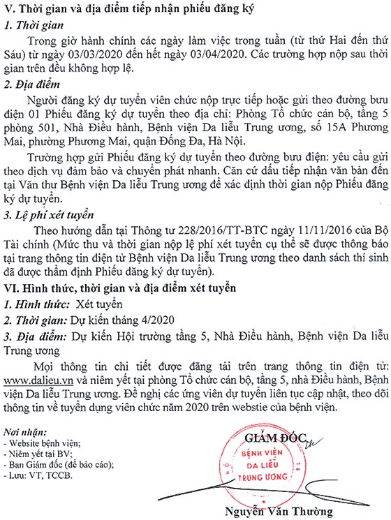 Bệnh viện Da liễu Trung ương tuyển dụng viên chức năm 2020