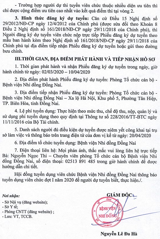 Bệnh viện Nhi Đồng tỉnh Đồng Nai tuyển dụng viên chức đợt I năm 2020