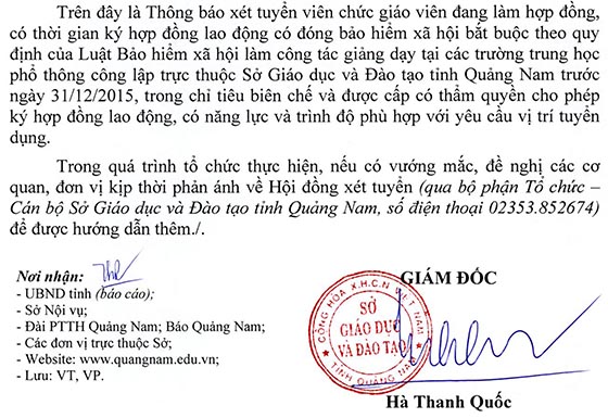 Sở Giáo dục và Đào tạo tỉnh Quảng Nam tuyển dụng giáo viên năm 2020