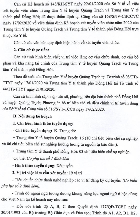Sở Y tế tỉnh Quảng Bình tuyển dụng viên chức tại Trung tâm Y tế huyện Quảng Trạch và Trung tâm Y tế TP. Đồng Hới năm 2020