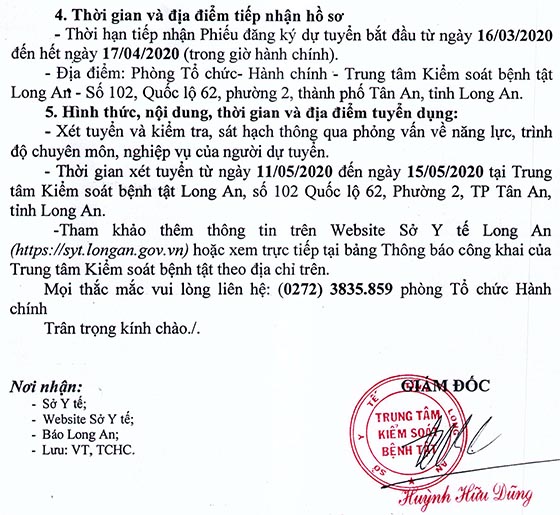 Trung tâm Kiểm soát bệnh tật Long An xét tuyển viên chức năm 2020