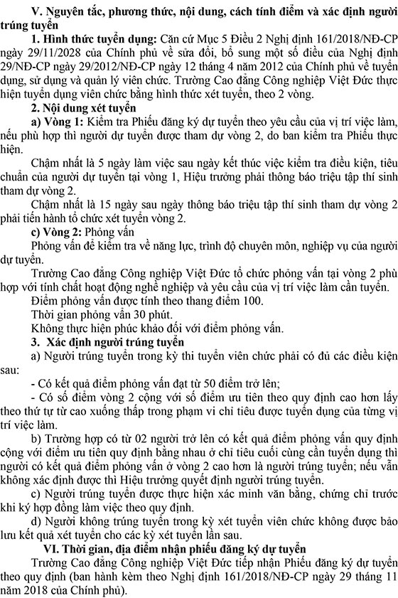 Trường Cao đẳng Công nghiệp Việt Đức, Thái Nguyên tuyển dụng viên chức đợt 1 năm 2020