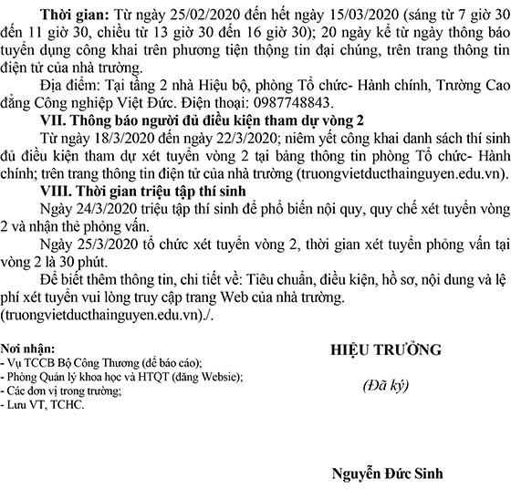 Trường Cao đẳng Công nghiệp Việt Đức, Thái Nguyên tuyển dụng viên chức đợt 1 năm 2020