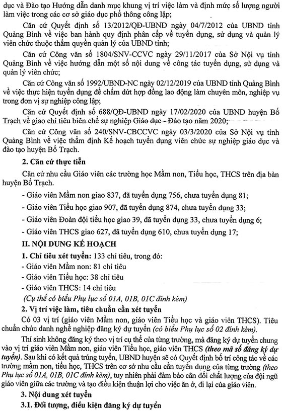 UBND huyện Bố Trạch, Quảng Bình tuyển dụng giáo viên năm 2020
