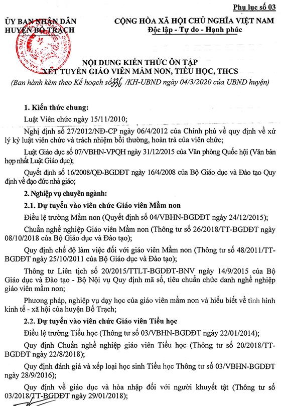 UBND huyện Bố Trạch, Quảng Bình tuyển dụng giáo viên năm 2020