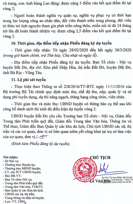 UBND huyện Đất Đỏ, Bà Rịa - Vũng Tàu tuyển dụng viên chức năm 2020