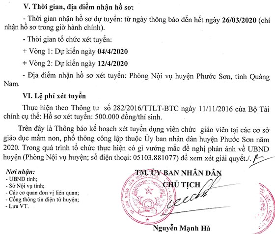 UBND huyện Phước Sơn, Quảng Nam tuyển dụng giáo viên năm 2020