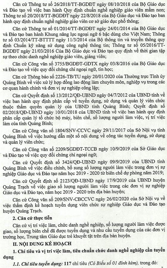 UBND huyện Quảng Trạch, Quảng Trị tuyển dụng viên chức giáo dục năm 2020
