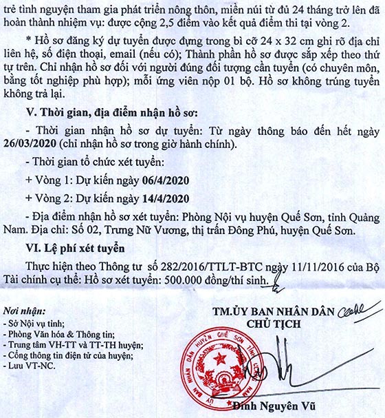 UBND huyện Quế Sơn, Quảng Nam tuyển giáo viên năm 2020