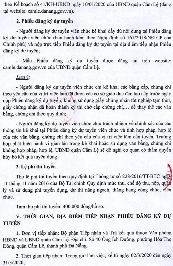 UBND quận Cẩm Lệ, TP.Đà Nẵng tuyển dụng giáo viên năm 2020