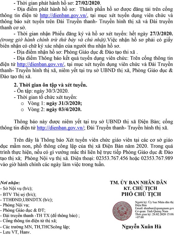 UBND TX. Điện Bàn, Quảng Nam tuyển dụng giáo viên năm 2020