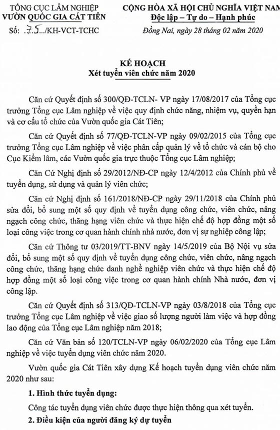 Vườn Quốc Gia Cát Tiên tỉnh Đồng Nai tuyển dụng viên chức năm 2020