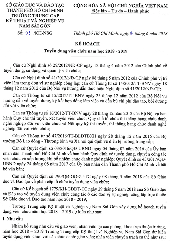 Trường Cao đẳng Bách khoa Nam Sài Gòn tuyển dụng viên chức năm học 2018-2019