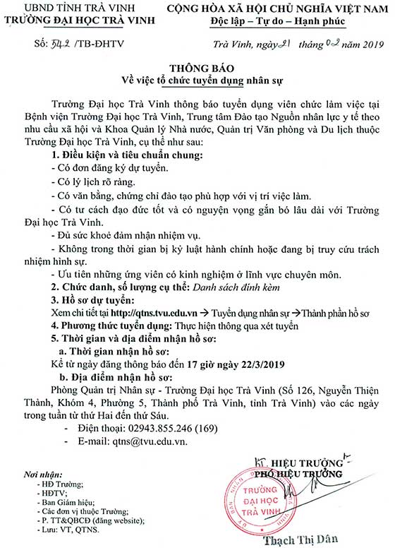 Trường Đh Trà Vinh Thông Báo Tuyển Dụng Nhân Sự