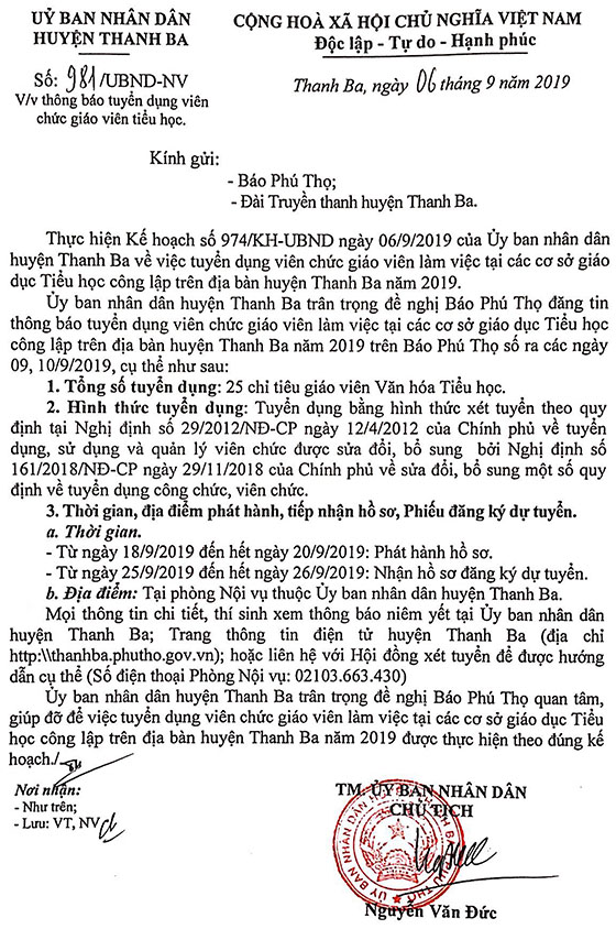 Ubnd Huyện Thanh Ba, Phú Thọ Tuyển Dụng Giáo Viên Năm 2019 - Tin Tức -  Thông Tin Tuyển Sinh