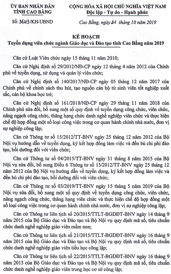 UBND tỉnh Cao Bằng tuyển dụng viên chức giáo dục năm 2019