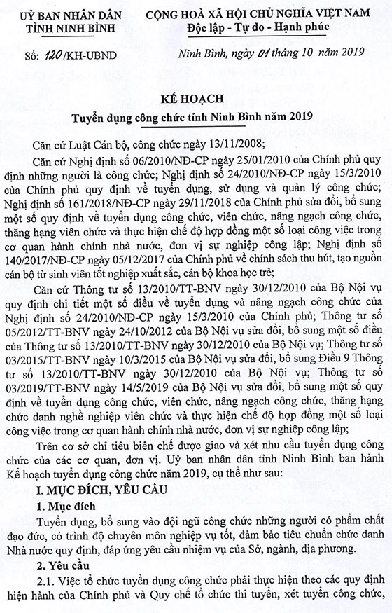 UBND tỉnh Ninh Bình tuyển dụng công chức tỉnh năm 2019
