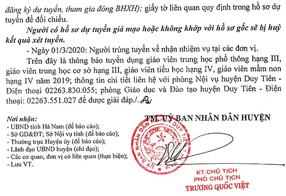 UBND huyện Duy Tiên, Hà Nam tuyển dụng giáo viên năm 2019