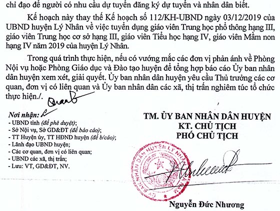 UBND huyện Lý Nhân, Hà Nam tuyển dụng giáo viên năm 2019