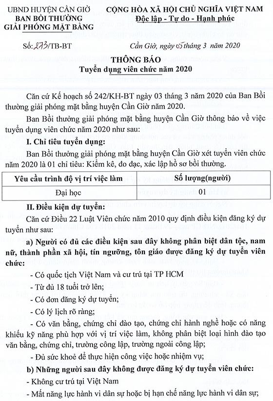 Ban Bồi thường giải phóng mặt bằng huyện Cần Giờ, TP.HCM tuyển dụng viên chức năm 2020