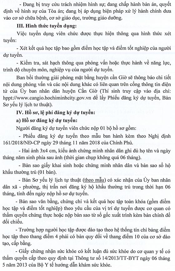 Ban Bồi thường giải phóng mặt bằng huyện Cần Giờ, TP.HCM tuyển dụng viên chức năm 2020