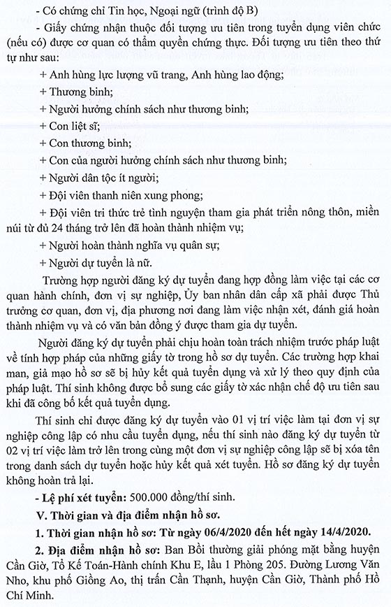 Ban Bồi thường giải phóng mặt bằng huyện Cần Giờ, TP.HCM tuyển dụng viên chức năm 2020