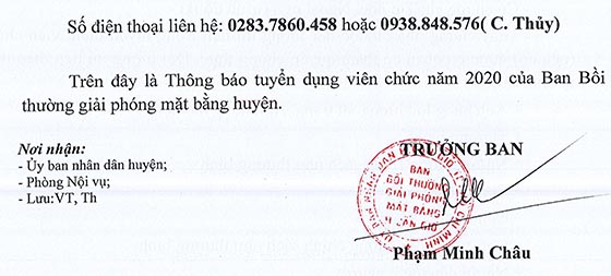 Ban Bồi thường giải phóng mặt bằng huyện Cần Giờ, TP.HCM tuyển dụng viên chức năm 2020
