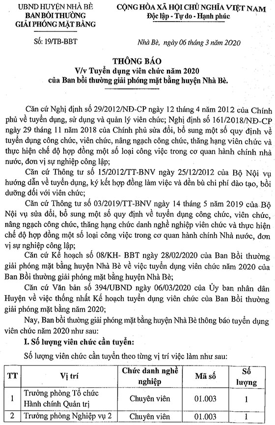 Ban bồi thường giải phóng mặt bằng huyện Nhà Bè, TP.HCM tuyển dụng viên chức năm 2020