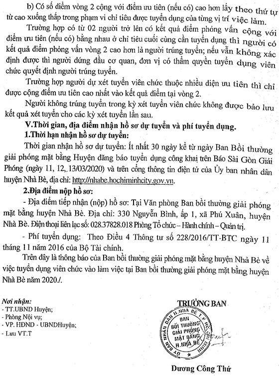 Ban bồi thường giải phóng mặt bằng huyện Nhà Bè, TP.HCM tuyển dụng viên chức năm 2020
