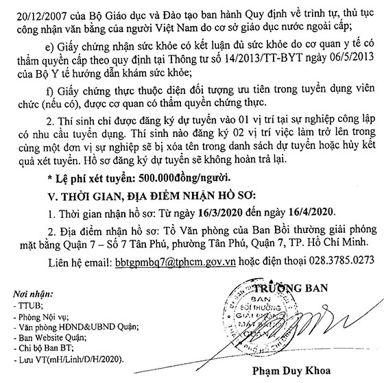 Ban bồi thường giải phóng mặt bằng Quận 7, TP.HCM tuyển dụng viên chức năm 2020