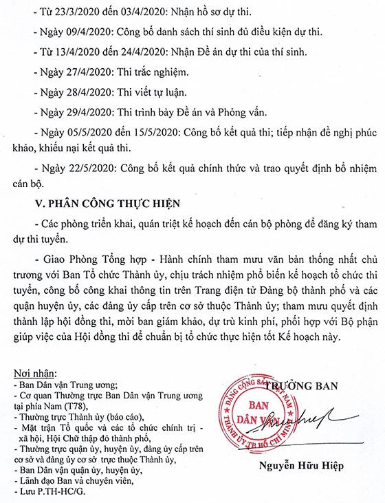 Ban Dân vận Thành ủy TP.HCM thi tuyển chức danh Trưởng phòng năm 2020