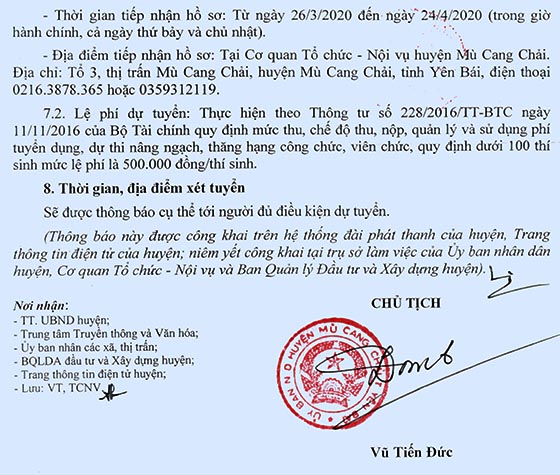 Ban Quản lý Dự án Đầu tư và Xây dựng huyện Mù Cang Chải, Yên Bái tuyển dụng viên chức năm 2020