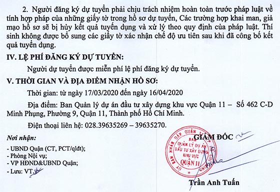 Ban quản lý dự án đầu tư xây dựng khu vực quận 11, TP.HCM tuyển dụng viên chức năm 2020
