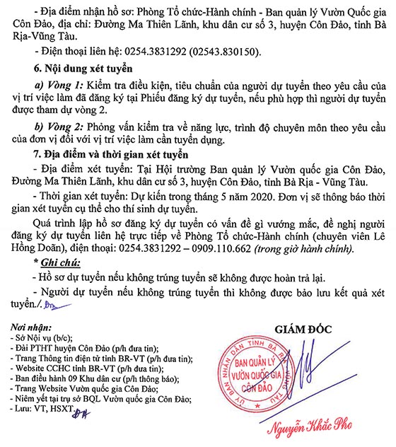 Ban quản lý Vườn quốc gia Côn Đảo, Bà Rịa - Vũng Tàu tuyển dụng viên chức năm 2020