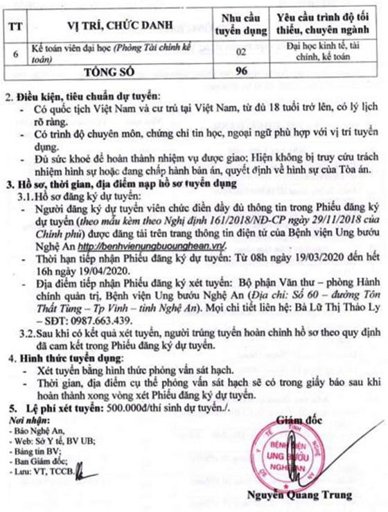 bBệnh viện Ung bướu Nghệ An tuyển dụng nhân sự năm 2020