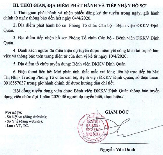Bệnh viện ĐKKV Định Quán, Đồng Nai tuyển dụng viên chức đợt 1 năm 2020