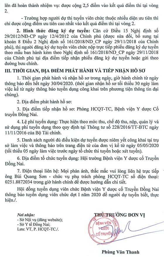 Bệnh viện Y dược cổ truyền Đồng Nai tuyển dụng viên chức đợt 1 năm 2020