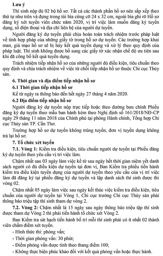 Chi cục Thủy sản - Sở NN&PTNT TP.Cần Thơ tuyển dụng viên chức đợt 1 năm 2020