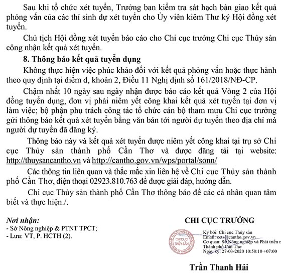 Chi cục Thủy sản - Sở NN&PTNT TP.Cần Thơ tuyển dụng viên chức đợt 1 năm 2020