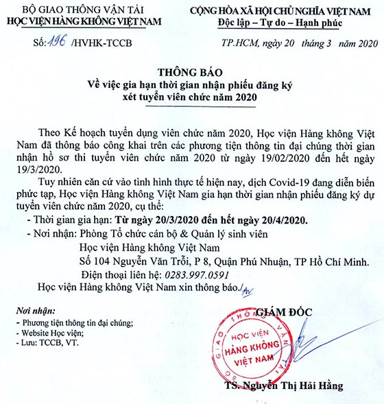 Học viện Hàng không Việt Nam, TP. HCM gia hạn thời gian nhận phiếu đăng ký tuyển dụng viên chức năm 2020
