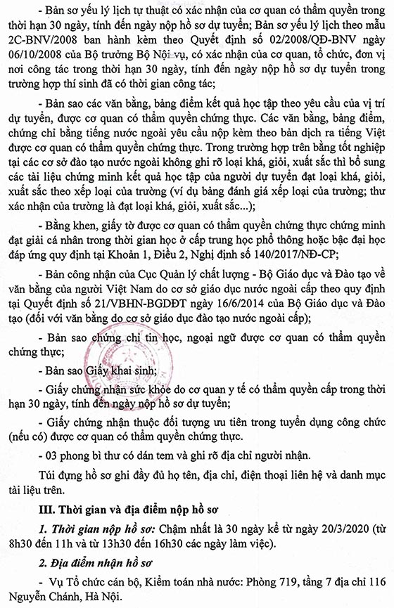 Kiểm toán nhà nước tuyển dụng công chức theo chính sách thu hút sinh viên tốt nghiệp xuất sắc, cán bộ khoa học trẻ năm 2020